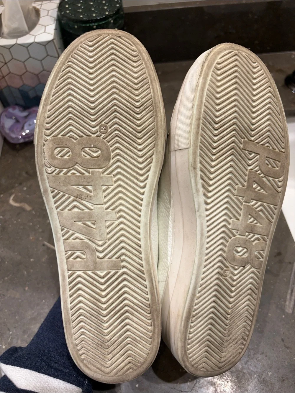 P448 Women’s Off white Laces & White Leather Low-Top Sneakers with Gray Heel